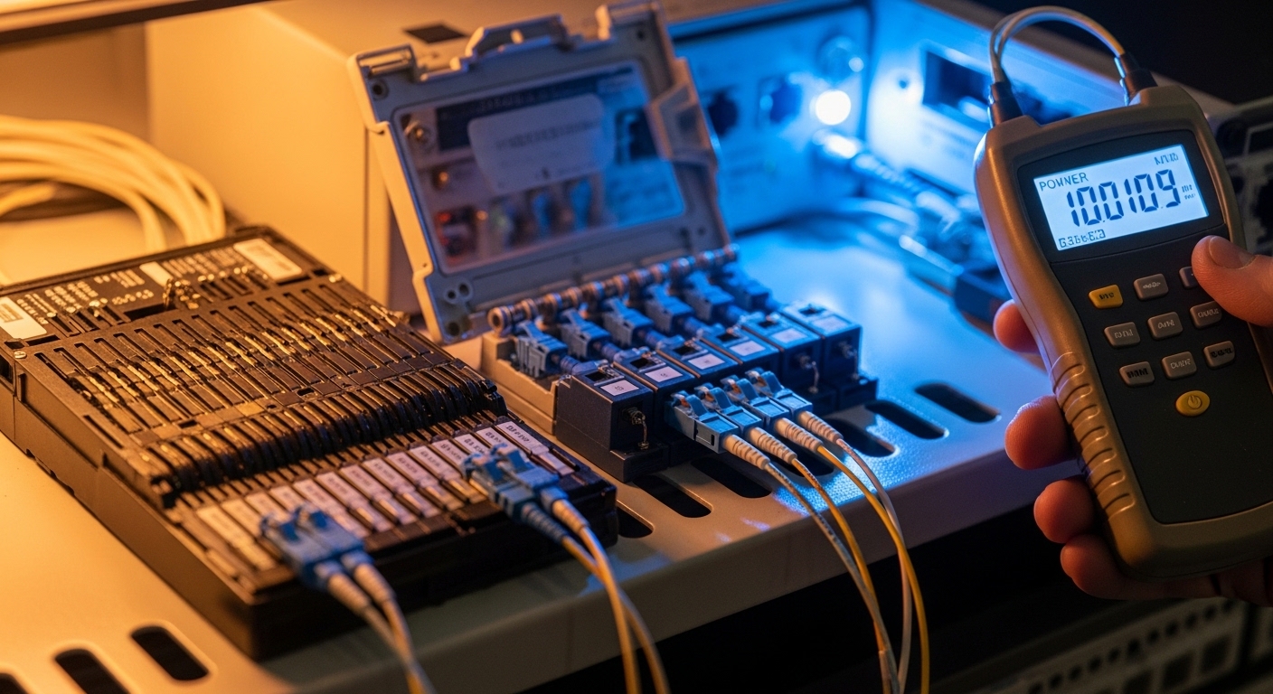 Field-report style photo of a fiber splice tray and LC connectors on a telecom shelf; a small handheld power meter is held ne