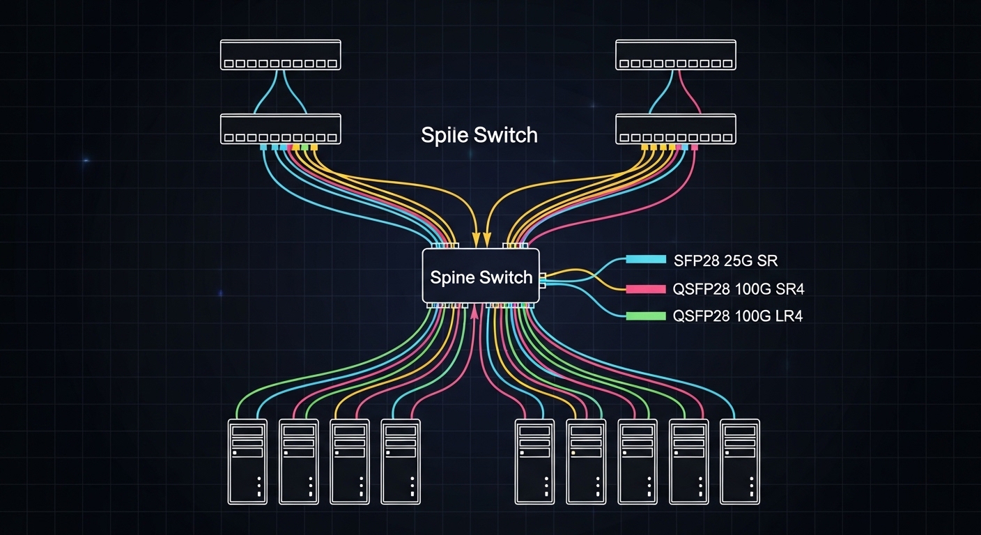 Clean technical illustration of an AI data center network diagram with color-coded fiber links, leaf switches at the top, spi