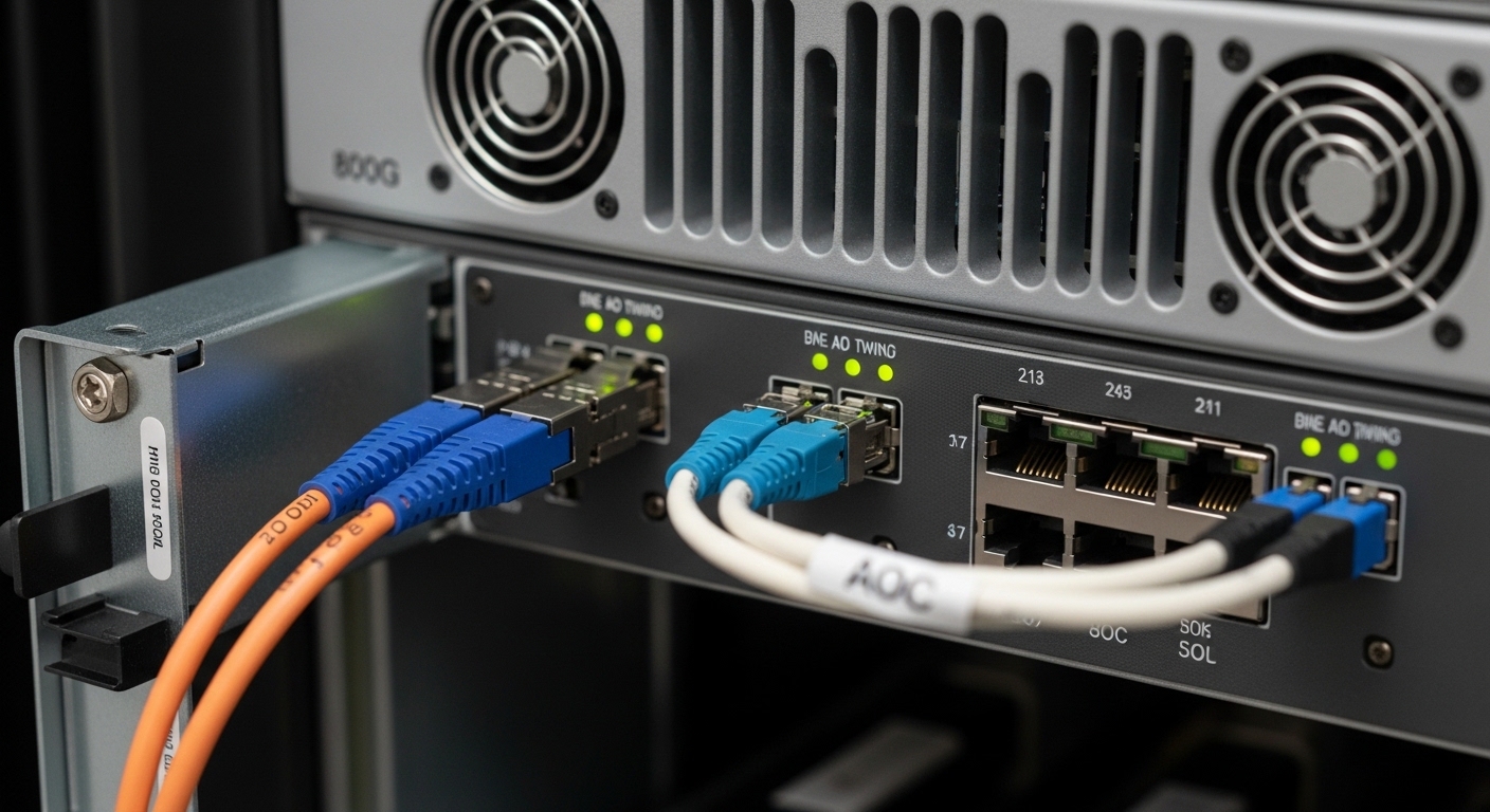 Close-up photography of an open 800G switch linecard bay in a modern data center rack; two adjacent ports show a short copper