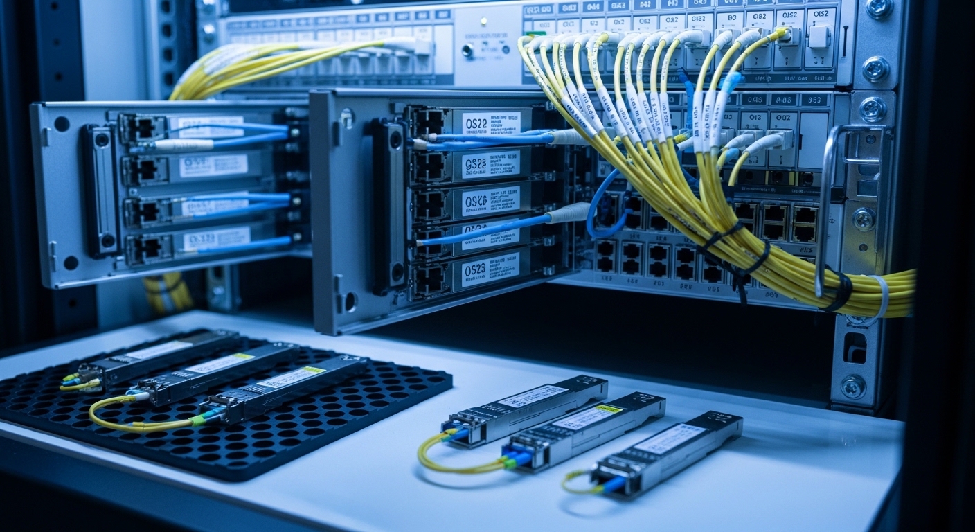 A high-resolution photography shot of a rack-mounted fiber transceiver test setup in a server room, showing open patch panels