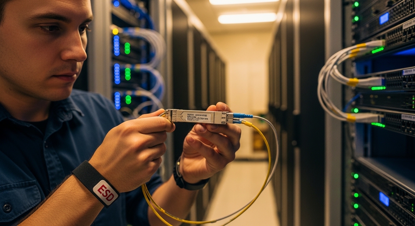Lifestyle scene of an engineer in a server room wearing an ESD wrist strap, holding a fiber patch cable and inspecting a tran