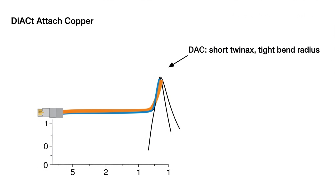 Illustration concept art showing a top-down rack layout; colored lanes depict signal paths between two 800G switches; one pat