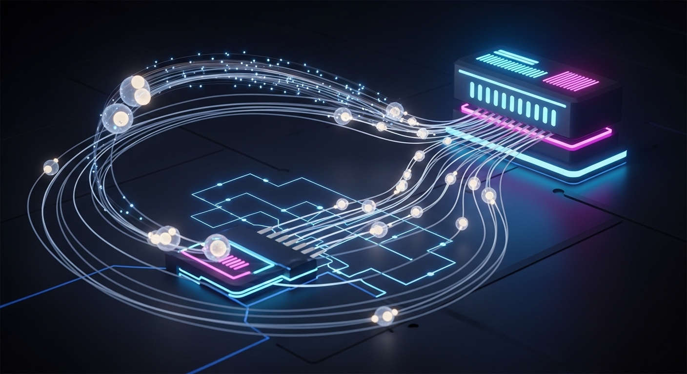 Concept art illustration showing a quantum optics experiment overlaid with a fiber network diagram, with photon-like particle