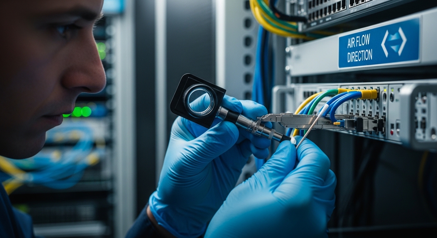 High-resolution lifestyle-style scene of a field technician in an equipment room wearing ESD gloves inspecting a transceiver 