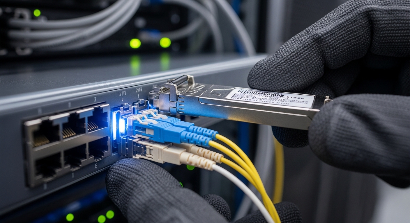 Photorealistic close-up of a technician installing an SFP28 transceiver into a 25G switch port, with LC fiber connectors plug