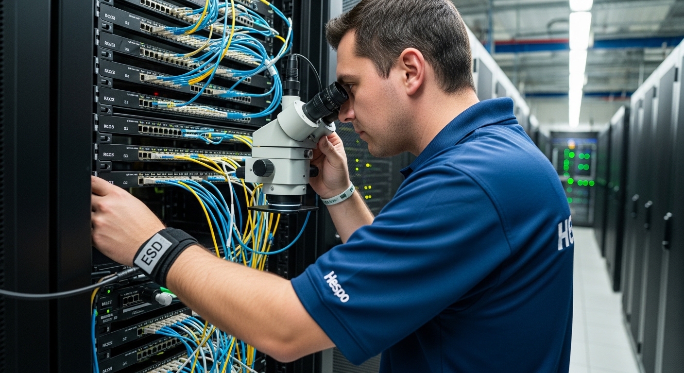 Realistic lifestyle scene of a field engineer in a data center wearing ESD wrist strap and using a fiber microscope to inspec