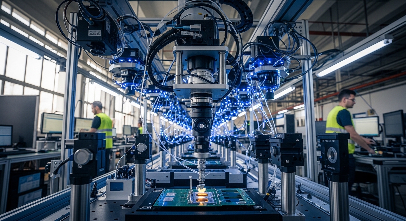 Documentary-style photo of smart factory optics, Leveraging Optical Components for Enhanced Smart Factory Automation, natural