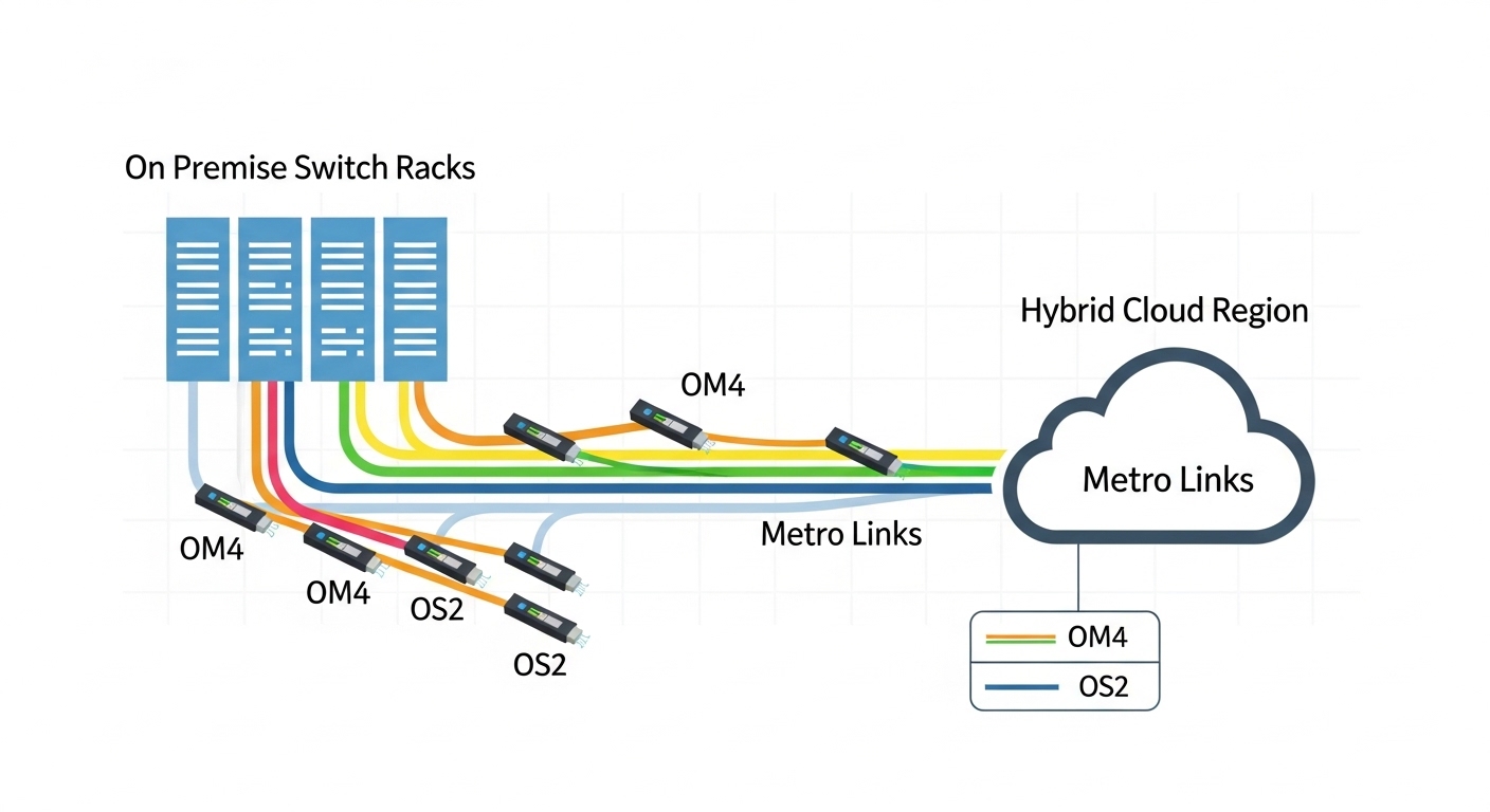 Conceptual illustration showing a hybrid cloud network map: on-prem switch racks connected to a cloud region via metro links,