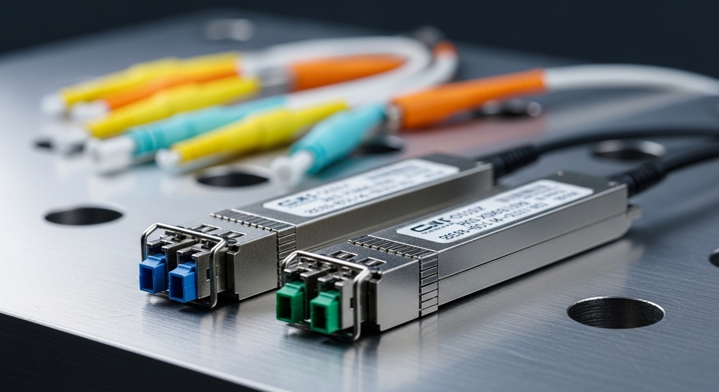 A photorealistic close-up of two SFP+ transceivers with LC fiber connectors on a stainless test bench, scattered fiber patch 