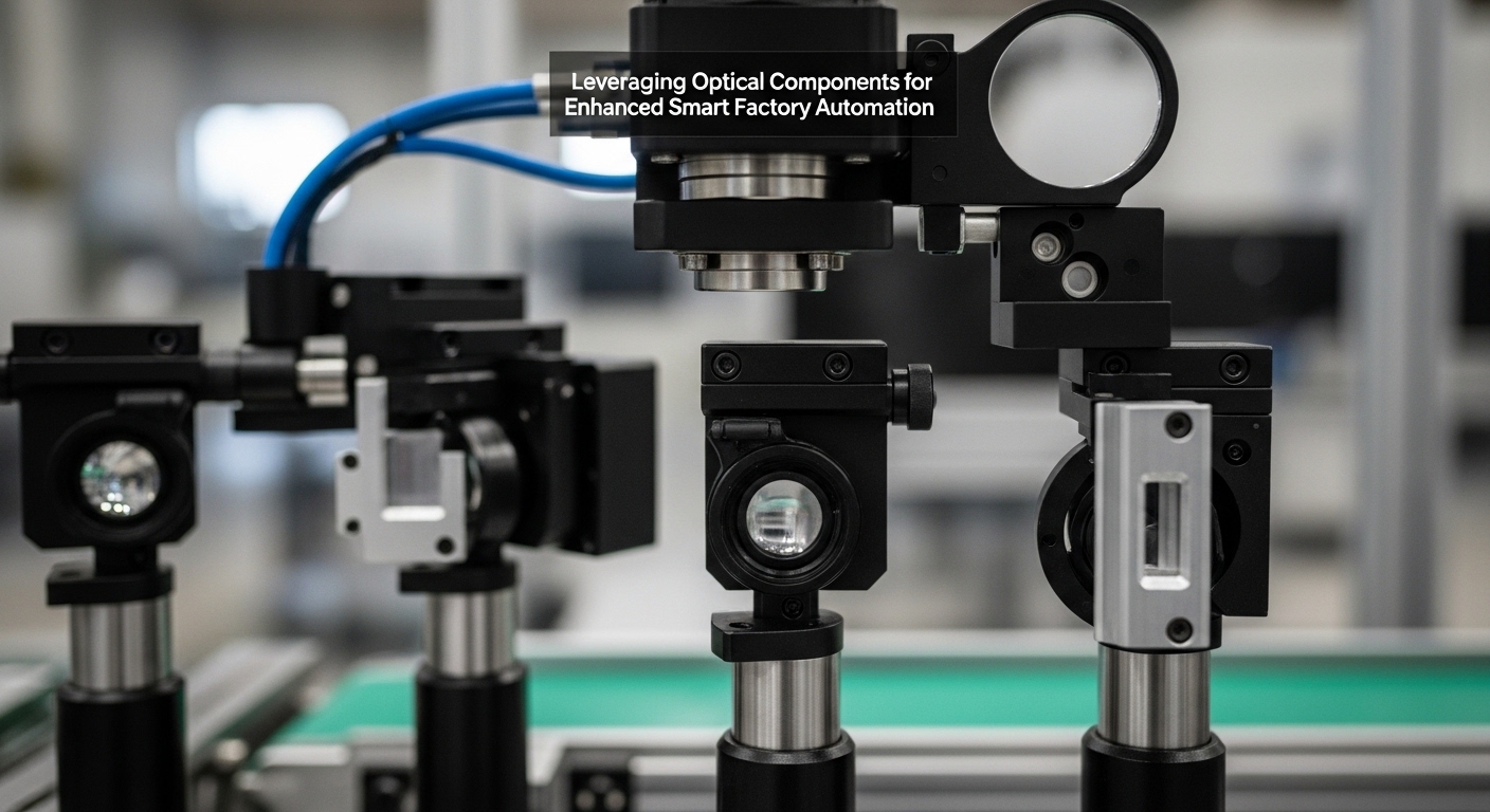 Documentary-style photo of smart factory optics, Leveraging Optical Components for Enhanced Smart Factory Automation, natural