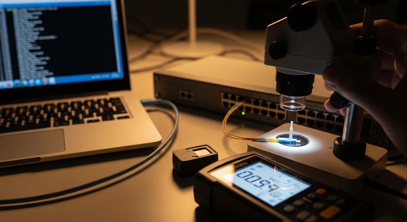 Photorealistic troubleshooting scene: a laptop on a lab bench connected to a network switch console cable, with a small micro