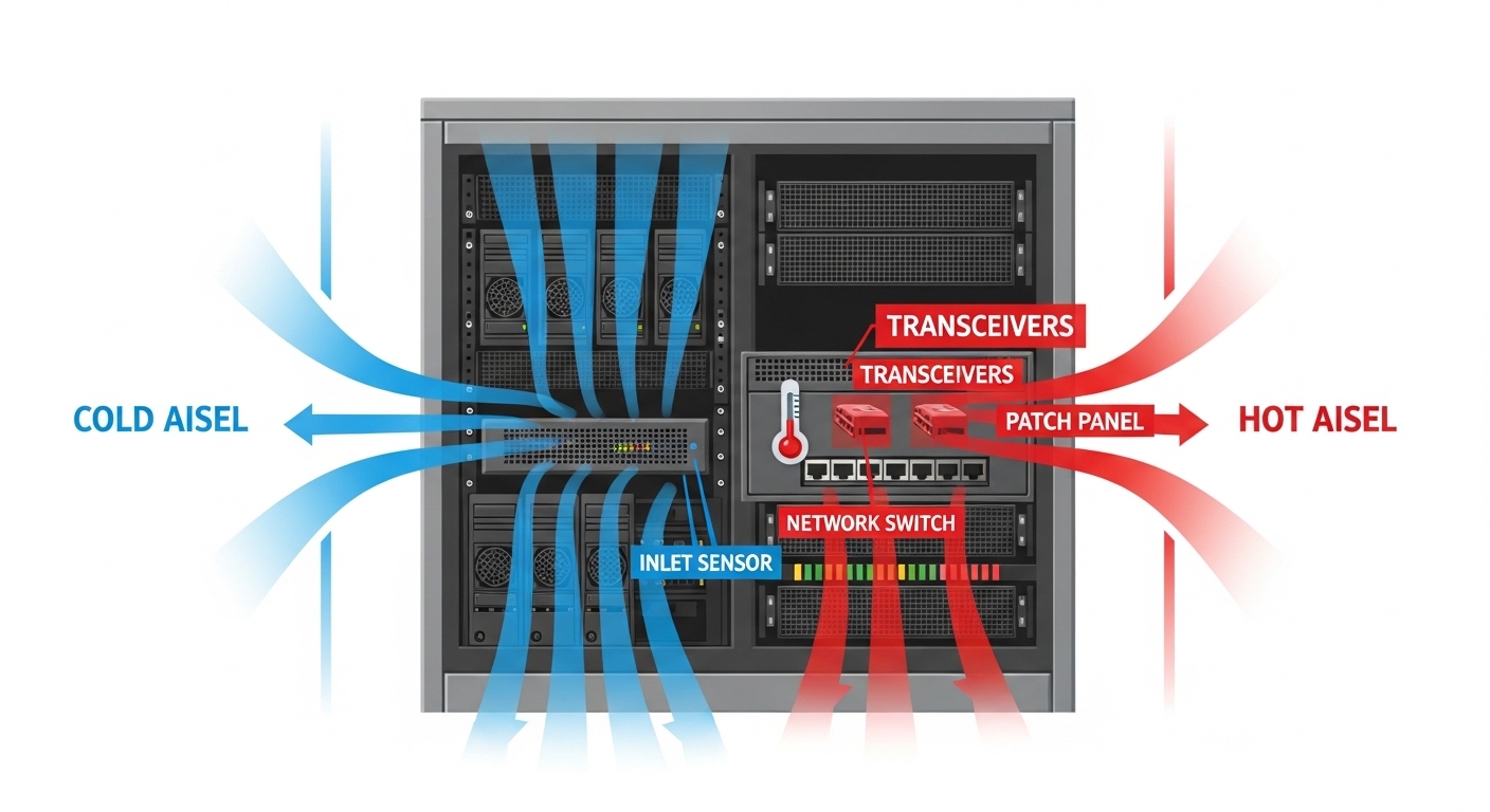An illustration-style diagram showing a server rack airflow map with colored arrows indicating cold aisle to hot aisle flow, 