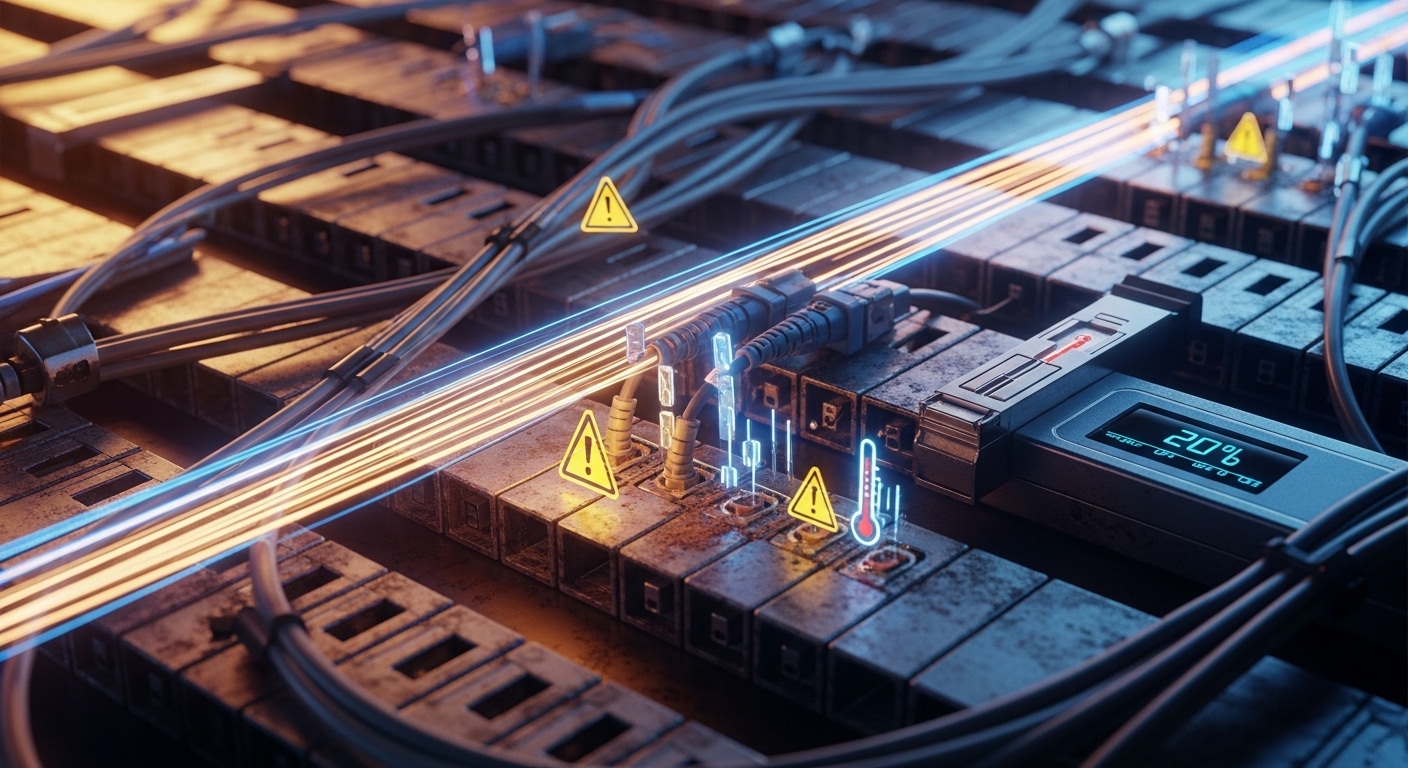 Concept art style scene of a fiber network “battlefield” with glowing light beams traveling through a maze of patch panels, t