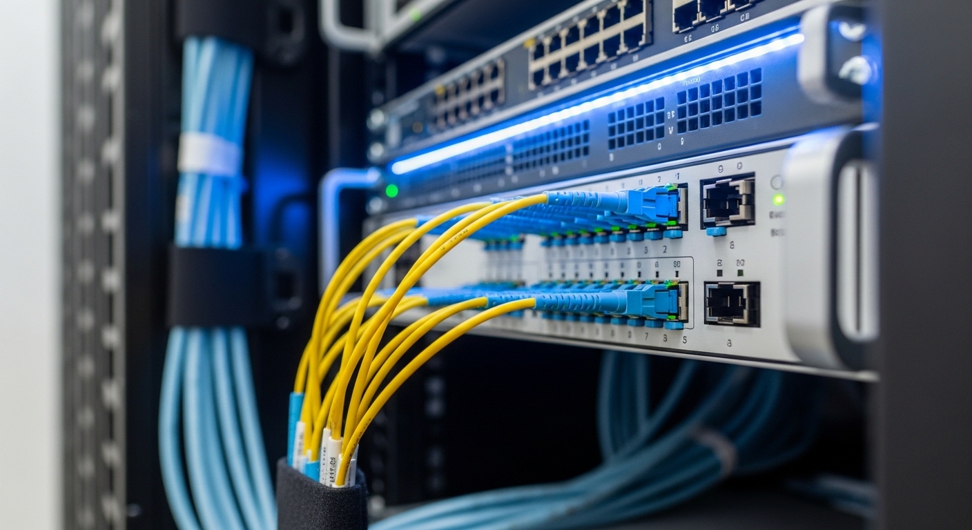 Photorealistic close-up photography of a 19-inch rack in a modern enterprise data center, showing a fiber patch panel and an 