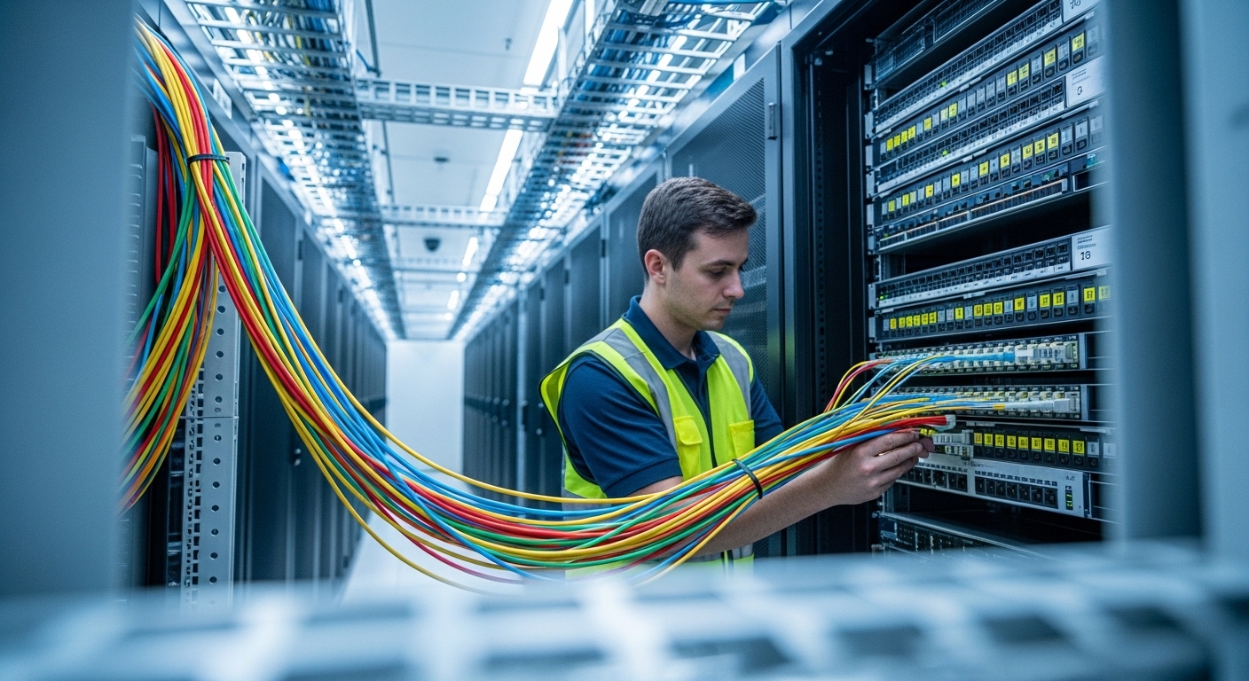 Photorealistic wide-angle photography in a modern data center aisle; a technician in safety vest routes multicolor OM4 fiber 
