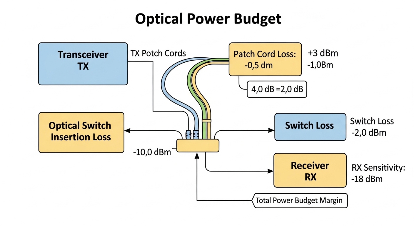 Clean vector illustration infographic showing an optical power budget diagram with labeled blocks (transceiver TX, patch cord