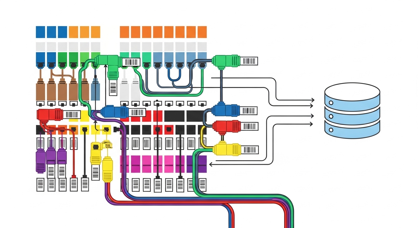 Clean vector-style illustration showing a fiber patch panel grid with color-coded ports, barcode tags on each patch cord, and