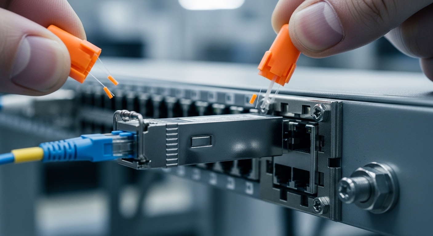 A photorealistic close-up of an industrial fiber optic transceiver module being inserted into a rugged SFP cage on a DIN-rail