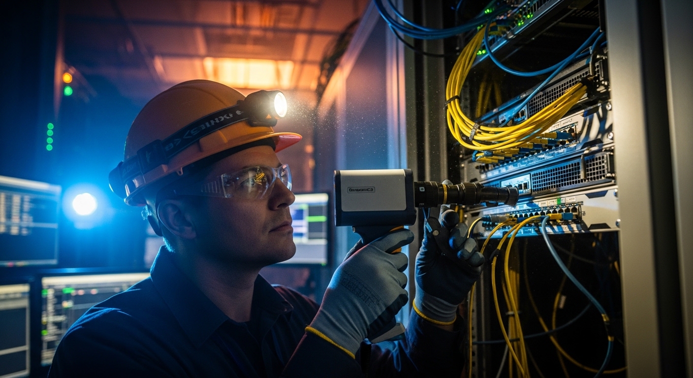 Lifestyle-style scene in a server room with an engineer wearing PPE and a headlamp, holding a fiber inspection scope near LC 