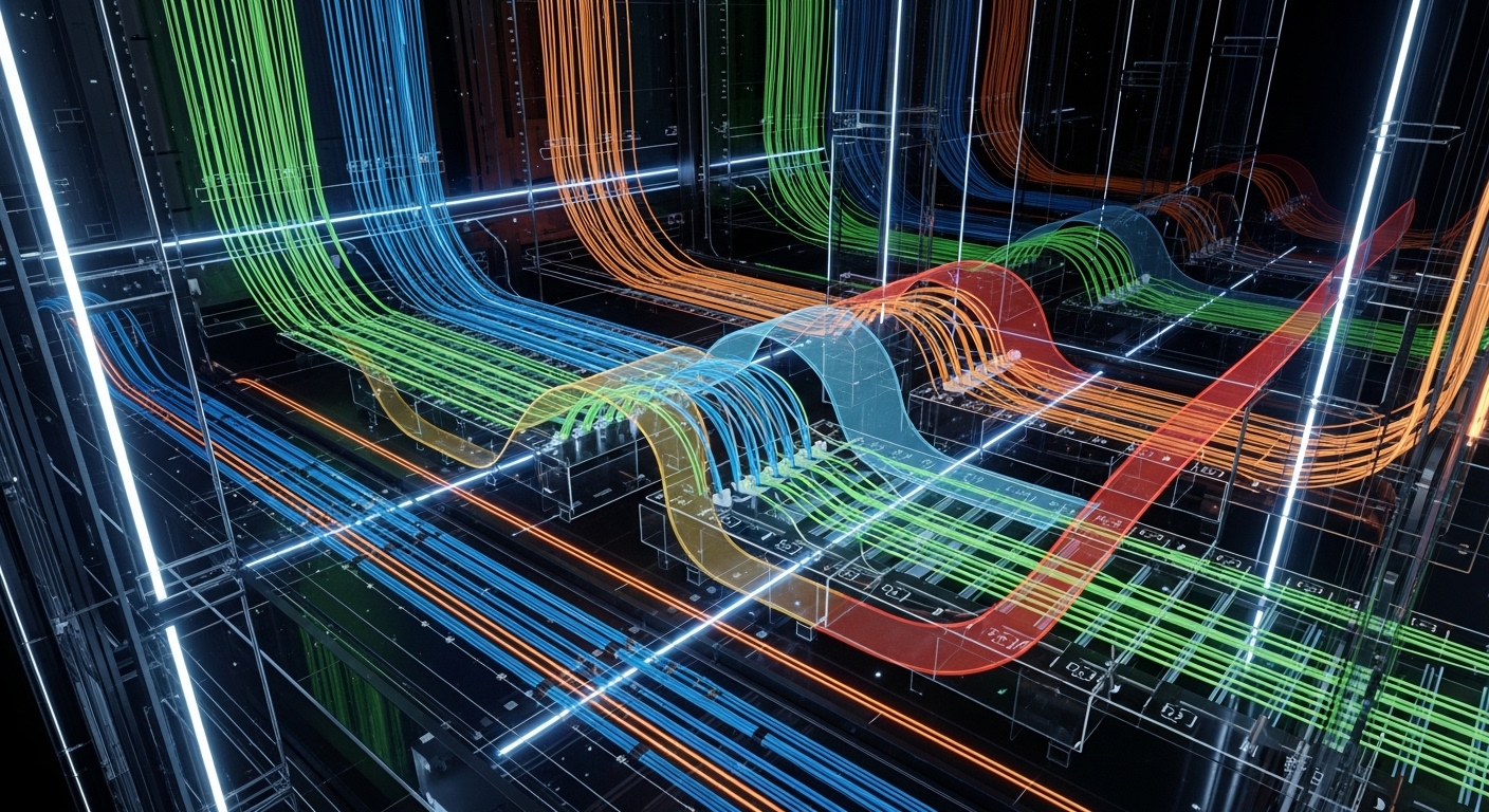 Concept art scene of a “fiber city” inside a rack; glowing light paths represent fibers traveling through neatly labeled tray