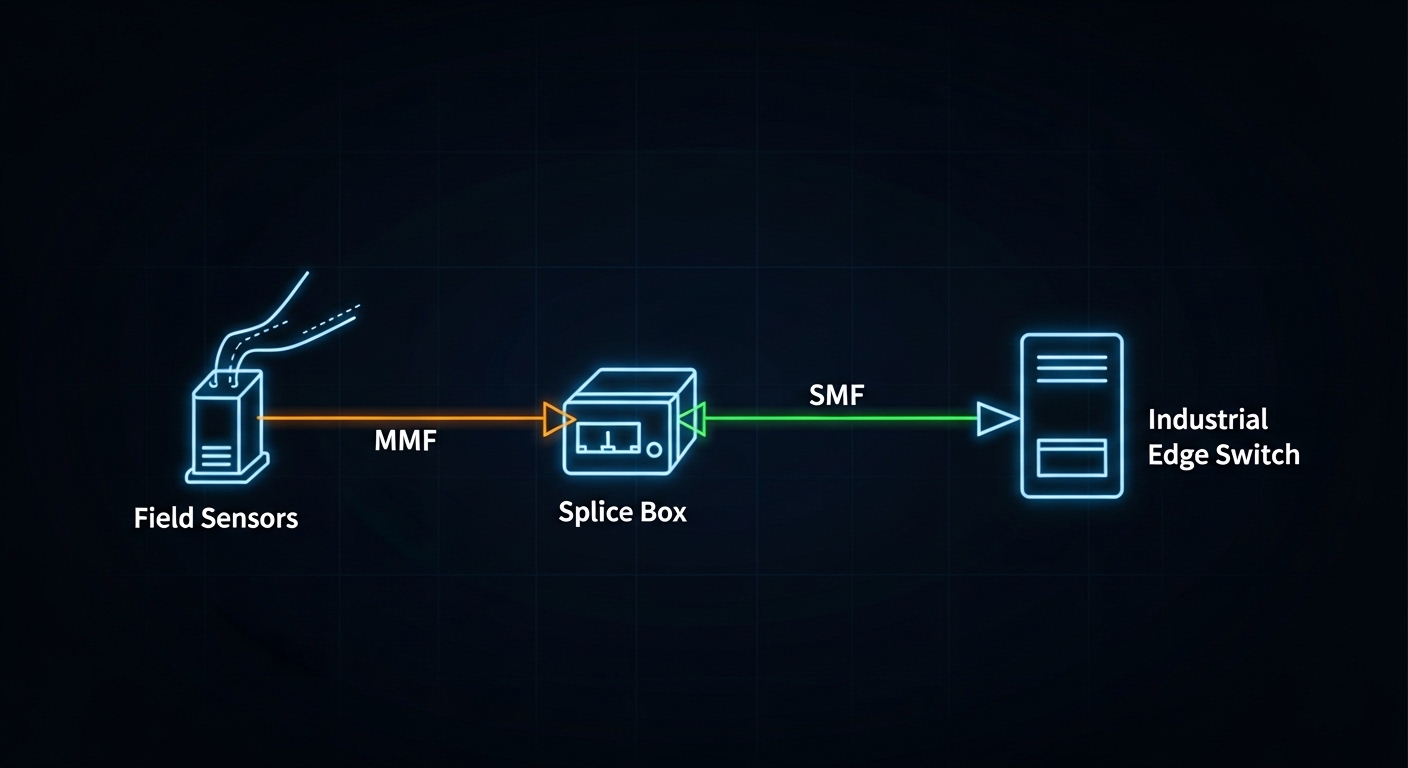 An engineering illustration infographic showing a remote sensing data path from field sensors to an industrial edge switch, w