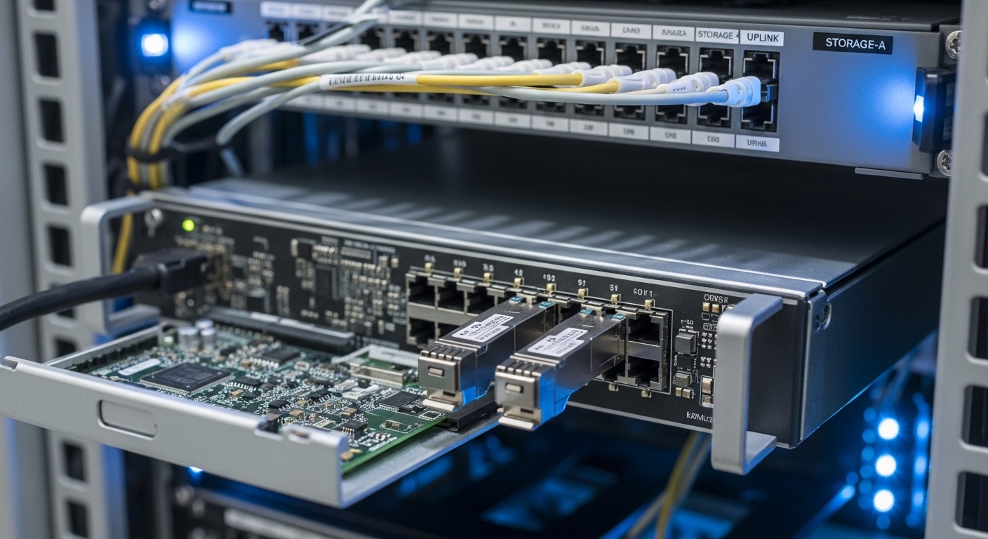 A realistic photography scene inside a small data center rack, showing an open leaf switch with two 10GbE SFP+ LC fiber trans