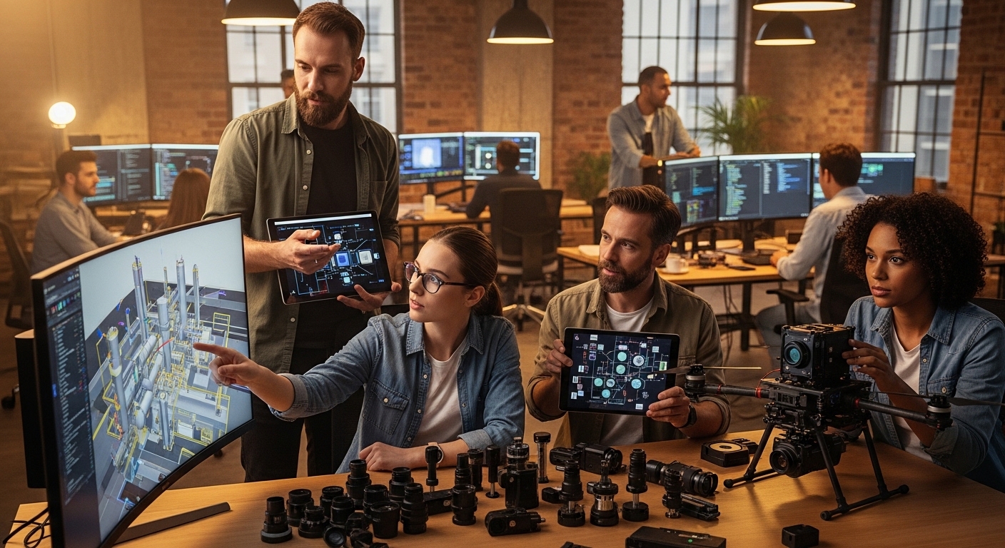 Lifestyle scene featuring remote sensing, Optics for Remote Sensing Applications in Industrial IoT, warm ambient light, candi