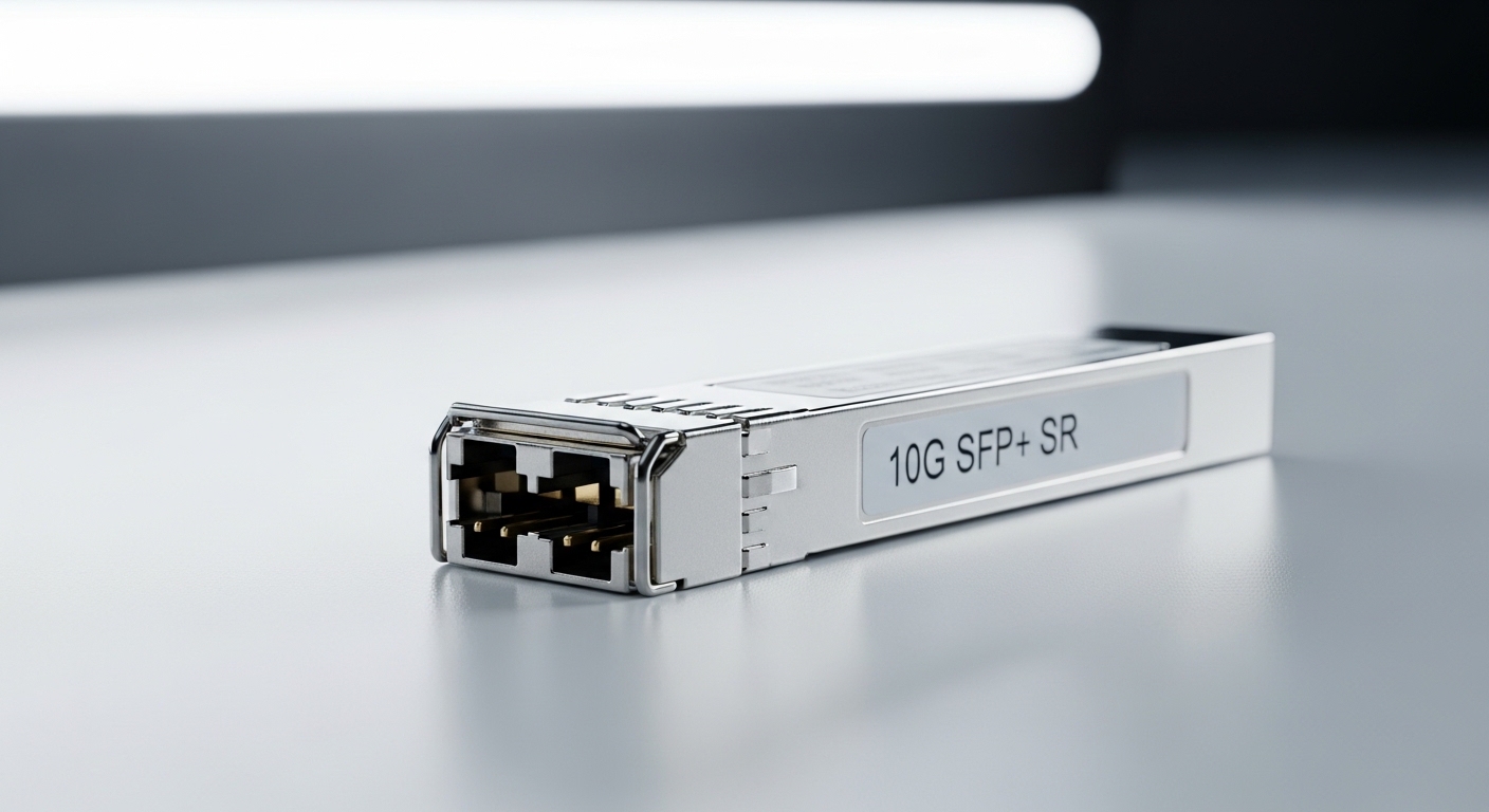 Macro photography of an SFP transceiver module on a clean lab bench, showing the gold connector pins and printed label, shall