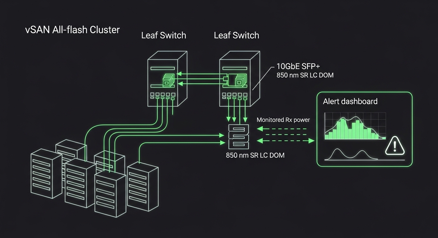 Concept art style diagram of a vSAN all-flash cluster connected to two leaf switches, with highlighted 10GbE SFP+ modules lab