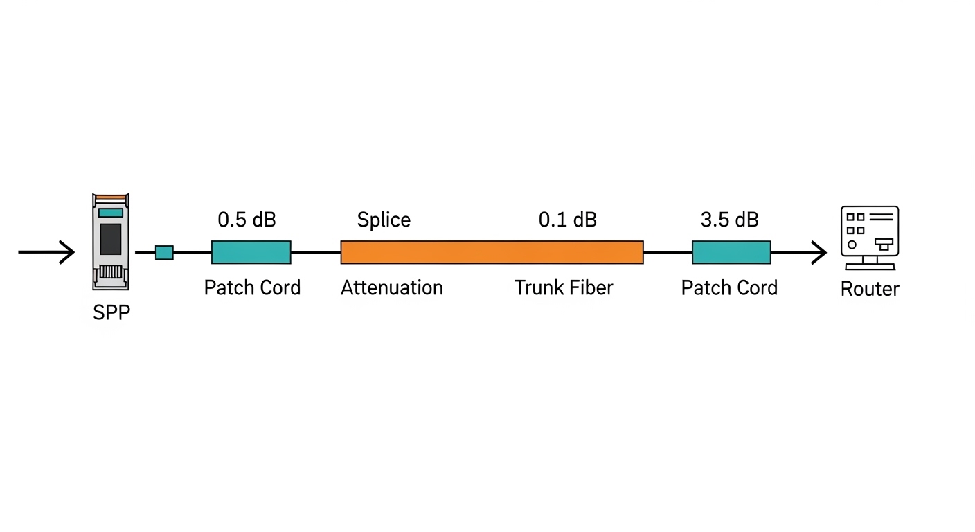 Conceptual illustration of a fiber link budget diagram, with colored attenuation bars for patch cords, splices, and trunk fib