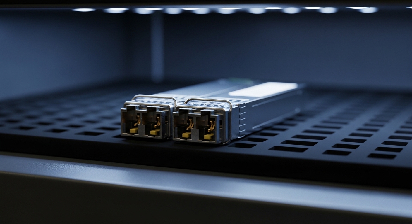 Ultra-realistic macro photography of a small form-factor pluggable transceiver module with visible LC duplex fiber connector 