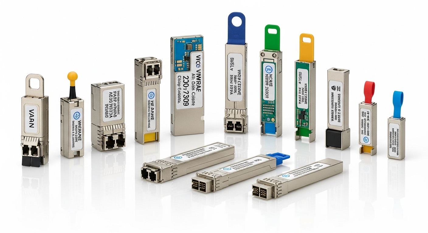 Professional product photography of vSAN fiber SFP, Fiber Transceivers for VMware vSAN All-Flash Clusters, clean background, 