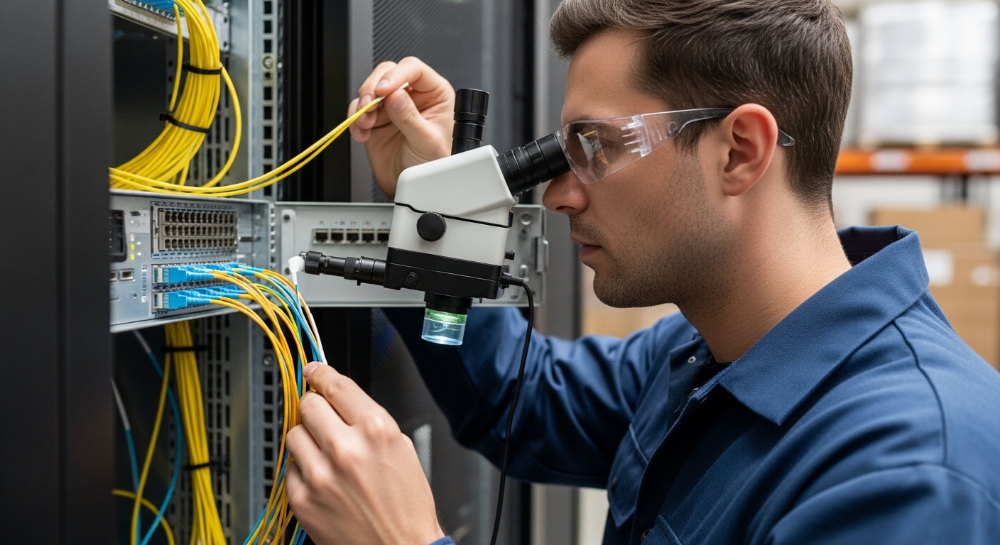 Photography of a technician cleaning LC fiber connectors using a fiber inspection microscope and cleaning swabs at an open pa