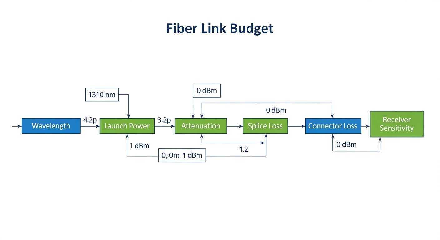 Clean-room style illustration of a fiber link budget diagram showing wavelength, launch power, attenuation, splice loss, conn
