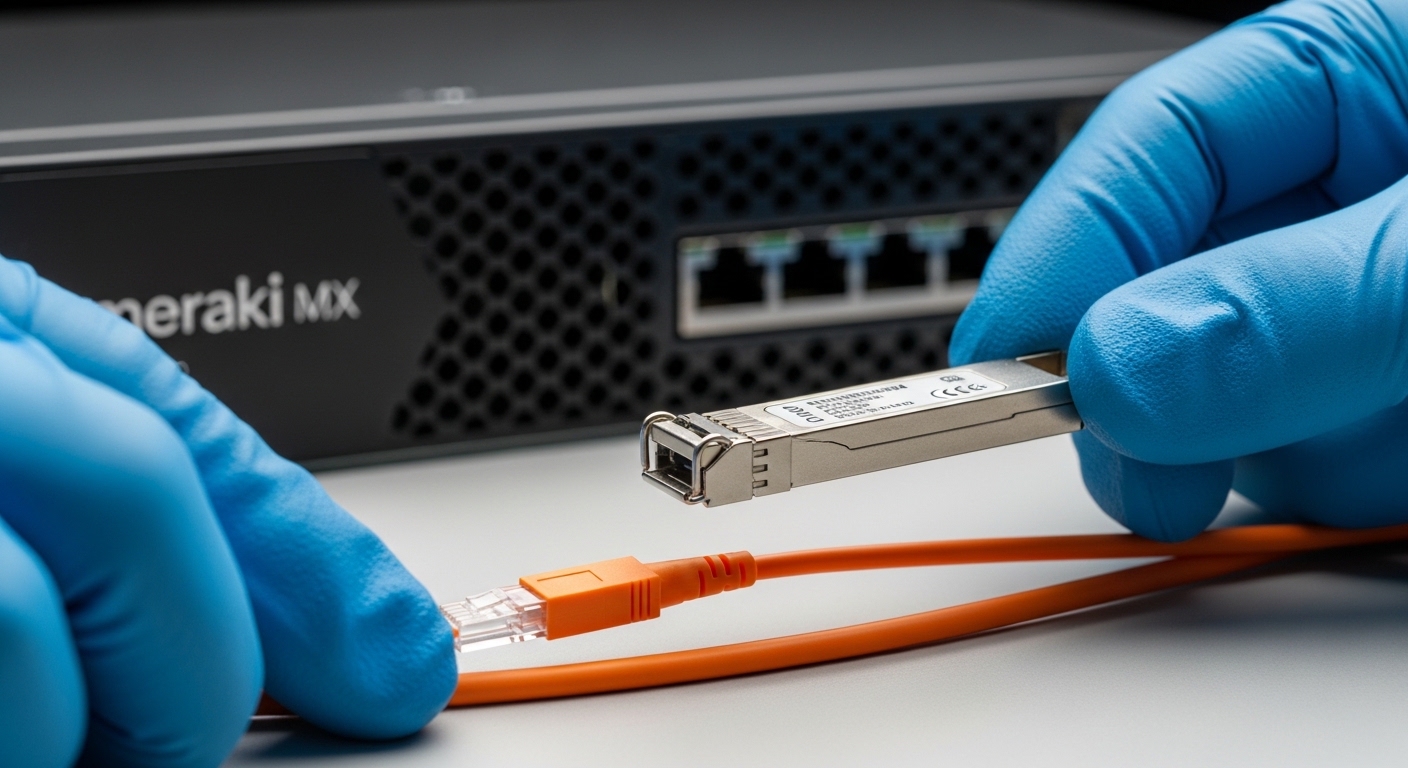 Macro photography of a technician’s gloved hands holding a blue SFP+ transceiver above an orange fiber patch cable, with a Me