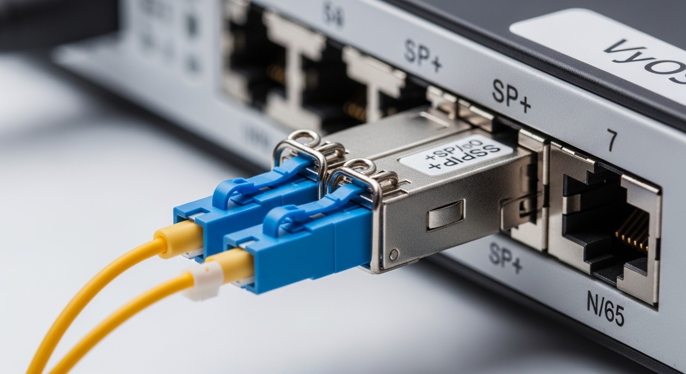 Close-up macro photography of a VyOS router SFP cage area, showing an SFP+ optical module inserted into the port, fiber LC co