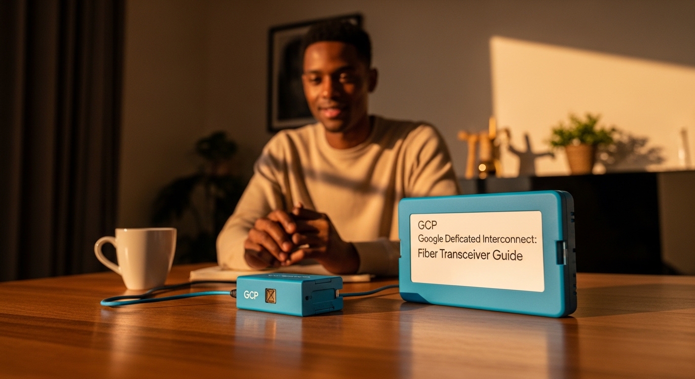 Lifestyle scene featuring GCP fiber module, Google Cloud Dedicated Interconnect: Fiber Transceiver Guide, warm ambient light,