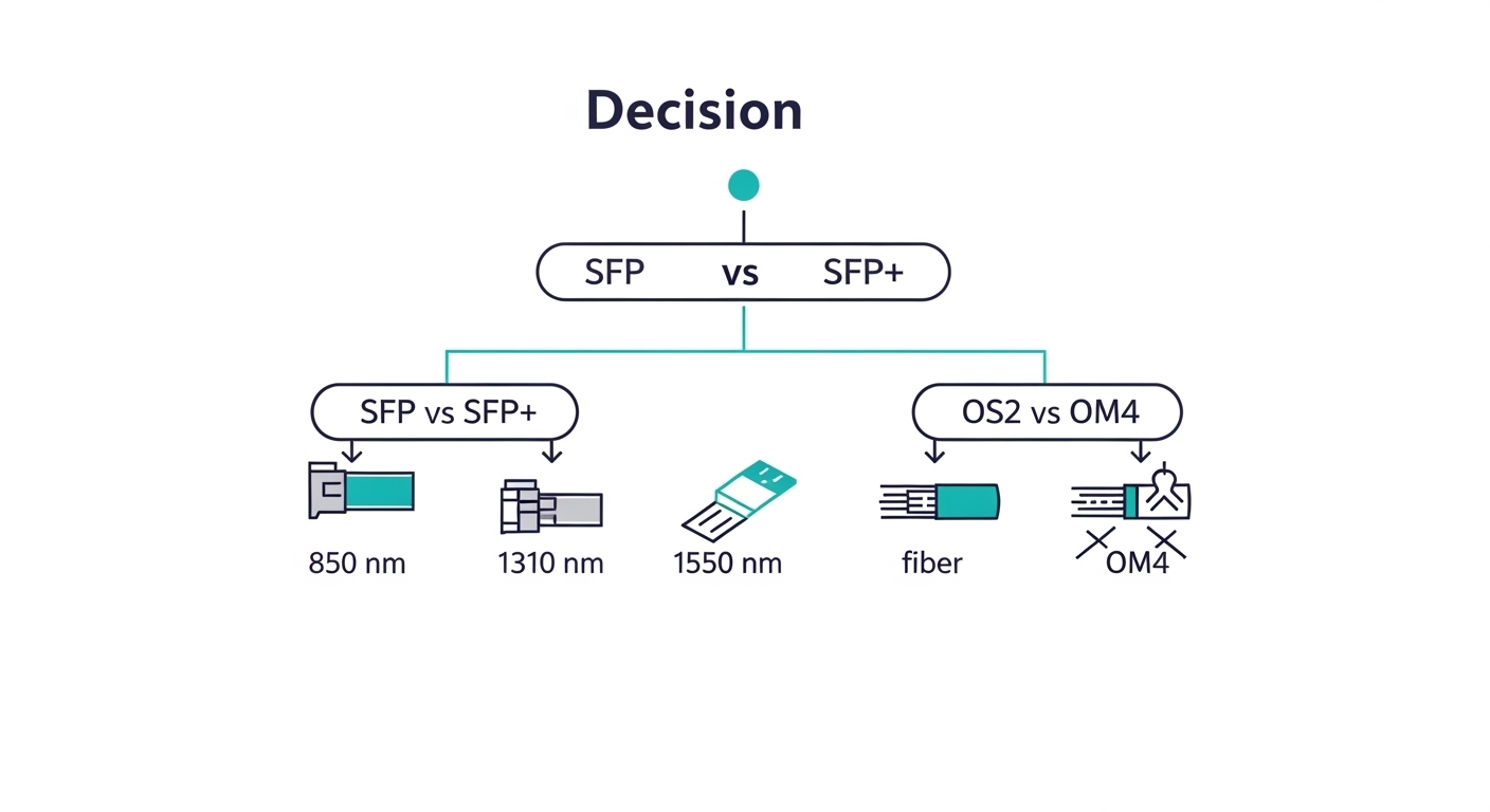 Clean vector illustration showing a decision tree labeled with SFP vs SFP+ lanes, wavelength icons (850 nm, 1310 nm, 1550 nm)