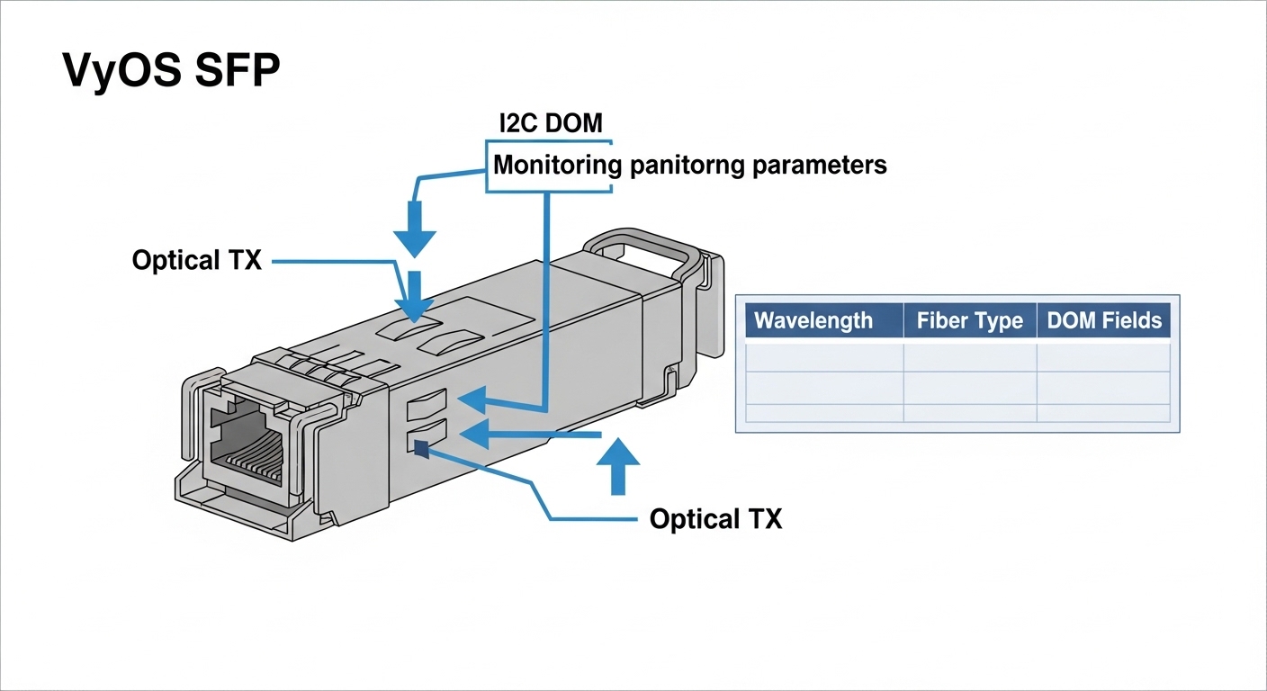 Technical illustration diagram showing a VyOS SFP port with arrows for I2C DOM monitoring and optical TX/RX paths, including 