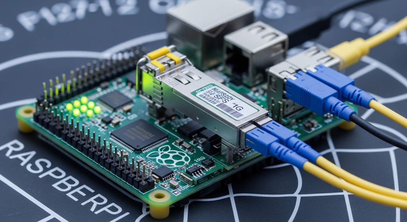 Close-up macro photography of a Raspberry Pi mounted with an SFP Ethernet HAT, showing an SFP cage with a 1G SFP module inser