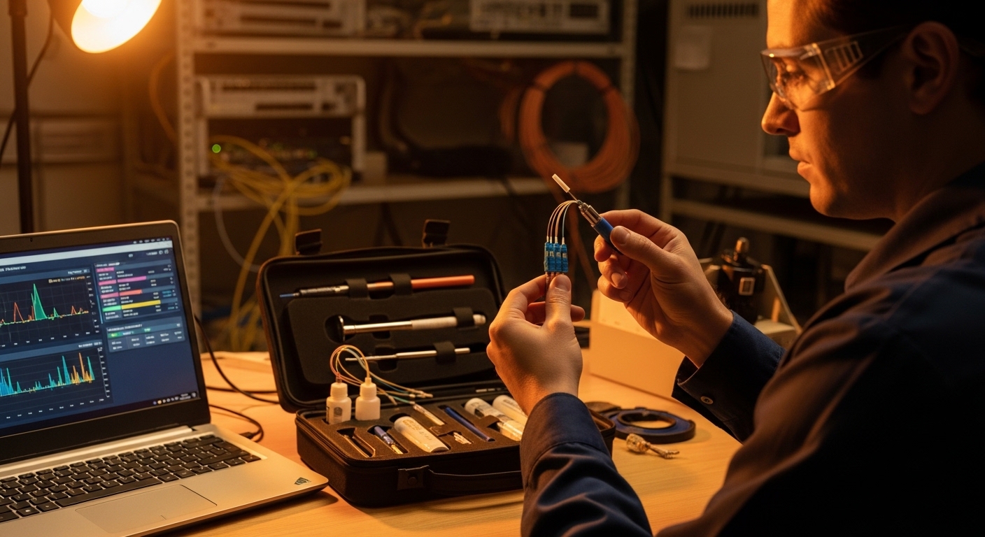 Photorealistic lifestyle scene in an equipment room: a laptop with a network monitoring dashboard open beside a fiber cleanin