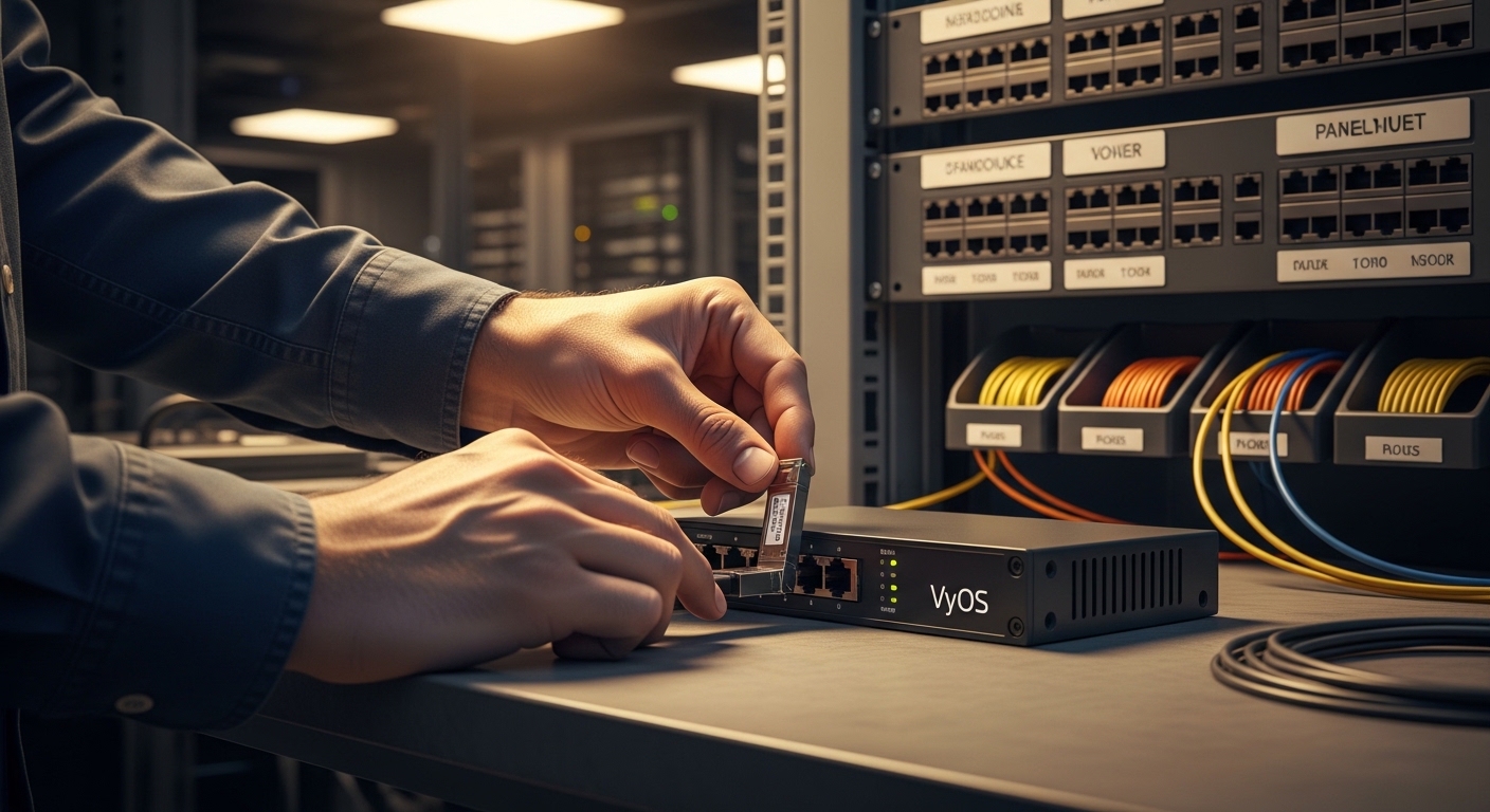 Concept art lifestyle scene of a network engineer in a server room installing an SFP transceiver into a compact open-source r