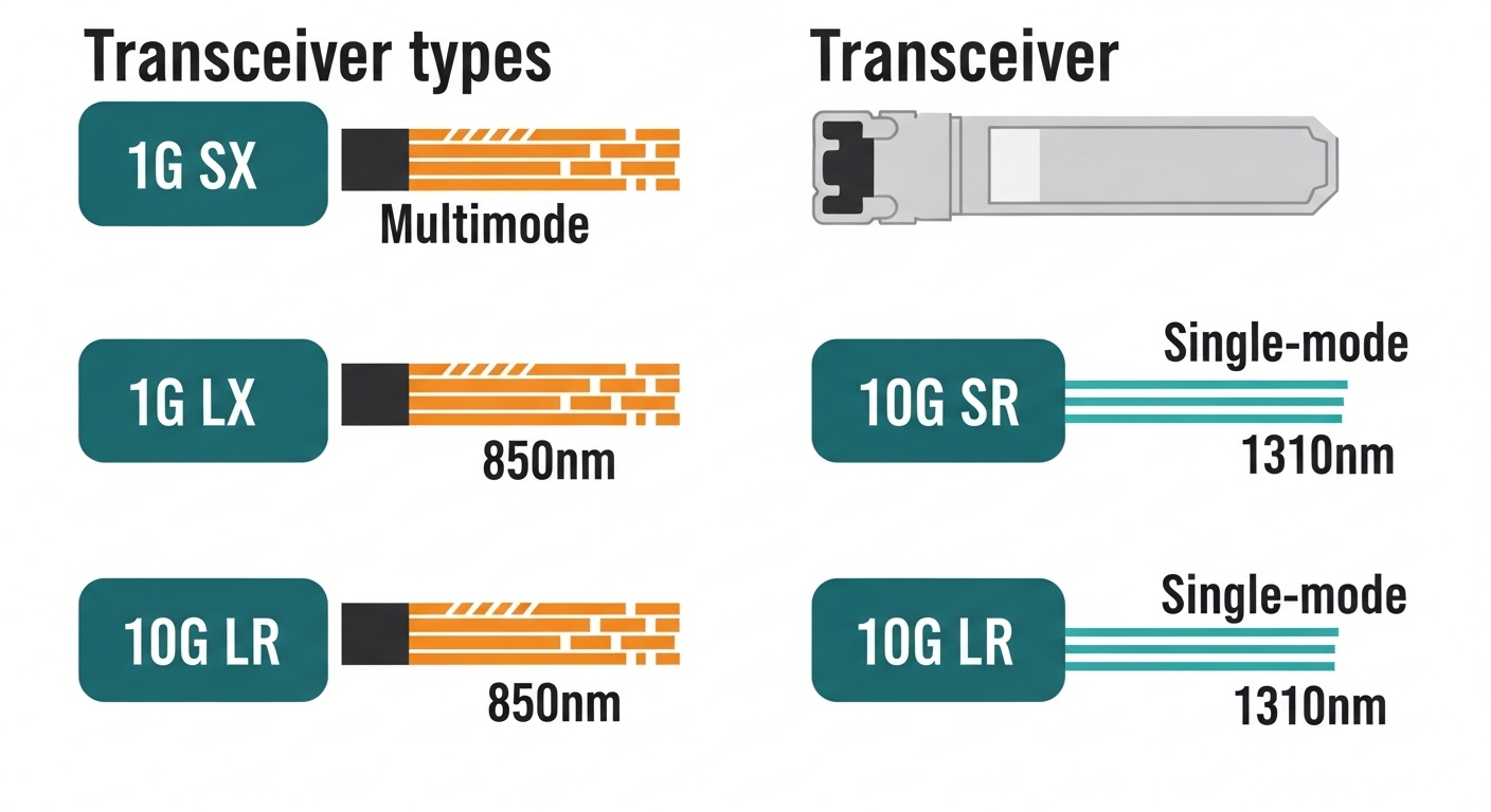 Clean vector illustration comparing four transceiver types (1G SX, 1G LX, 10G SR, 10G LR) as labeled blocks with fiber icons 