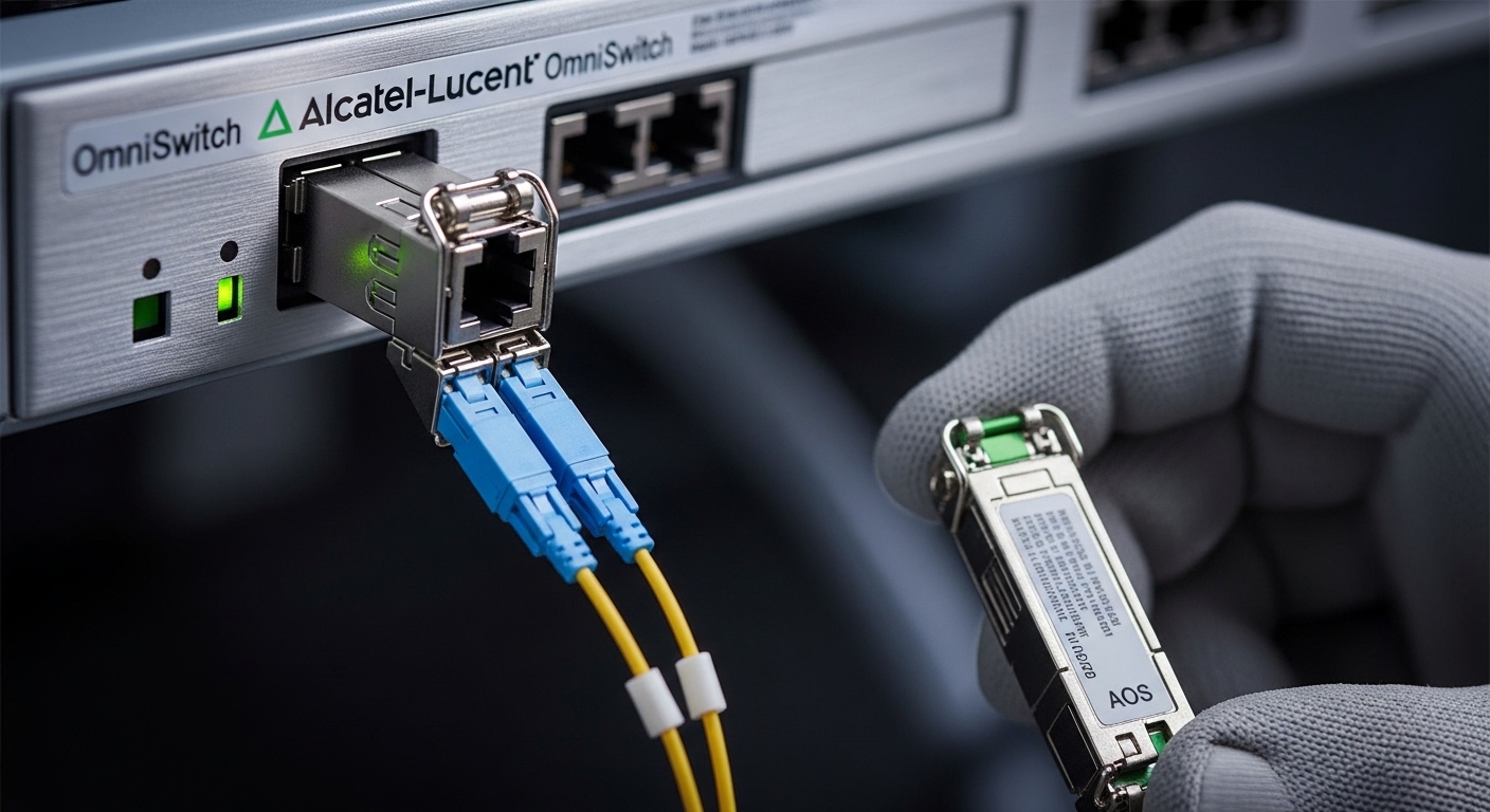 Photorealistic close-up of an Alcatel-Lucent OmniSwitch chassis front panel with one SFP module partially inserted; show LC f