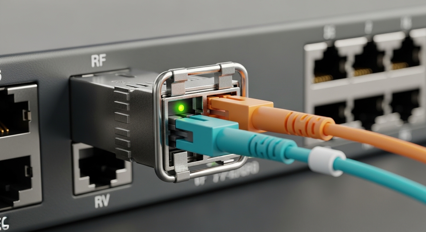 A macro product photography scene of an installed SFP transceiver in a weatherproof outdoor radio backhaul unit, showing the 