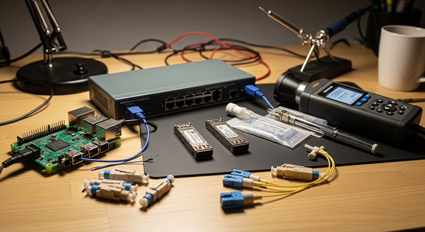 Lifestyle scene of a small home lab workbench: a Raspberry Pi, a compact managed switch, two SFP+ modules laid out, a handhel