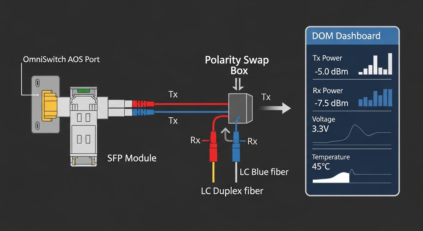Illustrated troubleshooting diagram showing an OmniSwitch AOS port connected to an SFP module and LC duplex fiber, with arrow