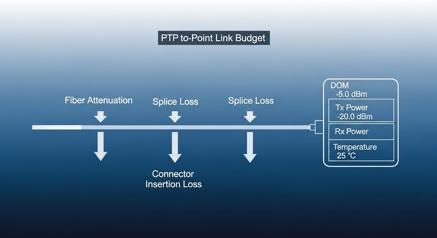 An infographic-style illustration showing a PTP link budget diagram with arrows for fiber attenuation, splice loss, and conne