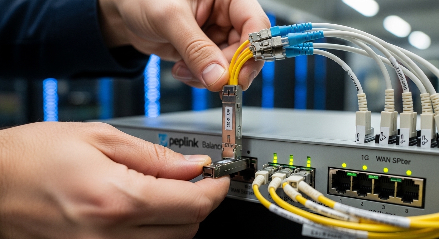 A high-resolution photography scene inside a server room, showing an engineer’s hands plugging a 1G SFP transceiver with an L