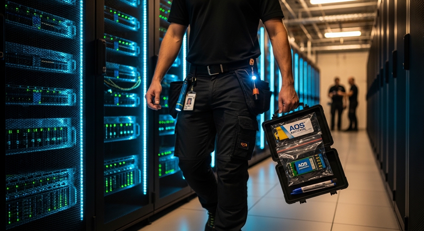 Lifestyle data-center scene with a maintenance engineer carrying a small optics kit (including an AOS fiber module in an anti
